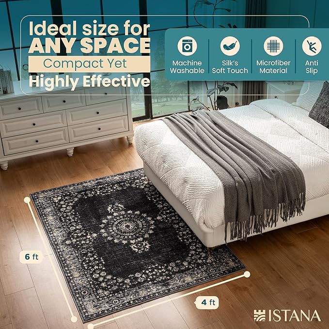 Istana 4x6 Area Rug - Black Rugs for Living Room 4x6 - Foldable Rugs for Bedroom - Stain Resistant Washable Rug - Eco-Friendly Boho Area Rugs - Easy to Clean Living Room Rug 4 x 6