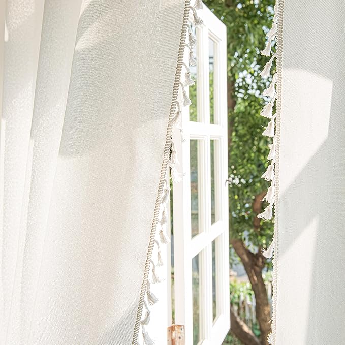Sutuo Home Boho Curtains 96 Inches Long, Bohemian Linen Style Textured Curtains with Tassels for Bedroom, Semi Blackout Farmhouse Drapes, Rod Pocket Window Treatments 2 Panels, 52" x 96", White