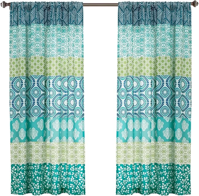 Lush Decor Bohemian Stripe Window Curtain Panels, Pair 52" W x 63" L Blue & Green - Light Filtering Curtains for Bedroom - Boho Curtains - Maximalist Decor