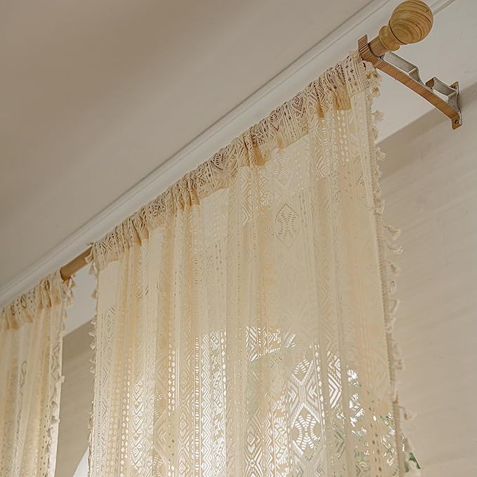 Sutuo Home Boho Curtains 63 Inches Length for Bedroom, Window Treatments Bohemian Sheer Crochet Lace Vintage Cotton Drapes Pair, Beige Geometry with Handmade Tassels 2 Panels Rod Pocket, 52" x 63