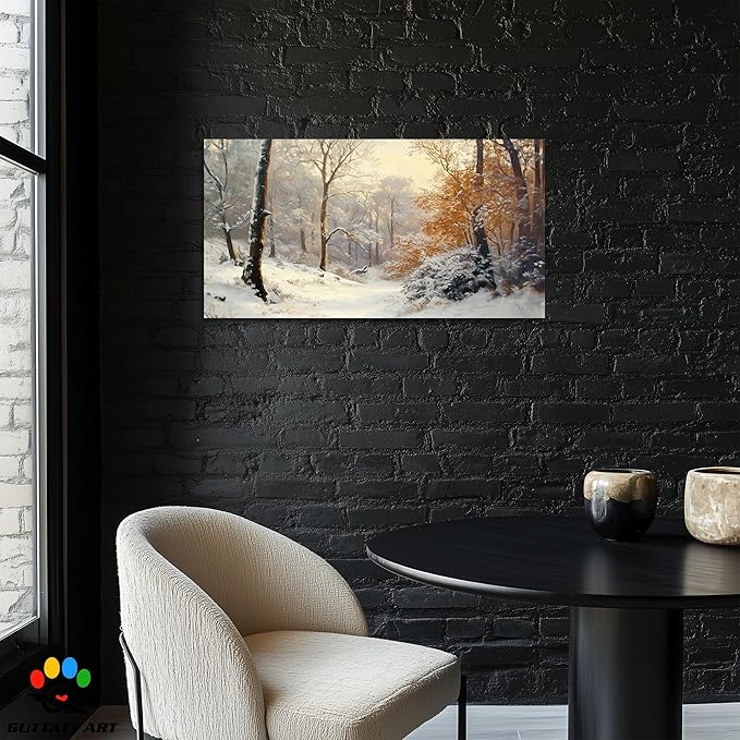 GUTTATY Christmas Winter Scene Canvas Wall Art, Snowy Forest Wall Painting, Warm Light Tree Poster, Winter Canvas Prints for Living Room, Holiday Wall Decor, Hanging Pictures for Bedroom, 24x12 Inch