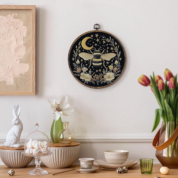 KFXHANGD Celestial Bee Floral Round Wall Art Framed, Gothic Bee Moon Canvas Wall Art Decor, Witchy Bumble Bee Botanical Hanging Decor for Bedroom Living Room, 10x10inch