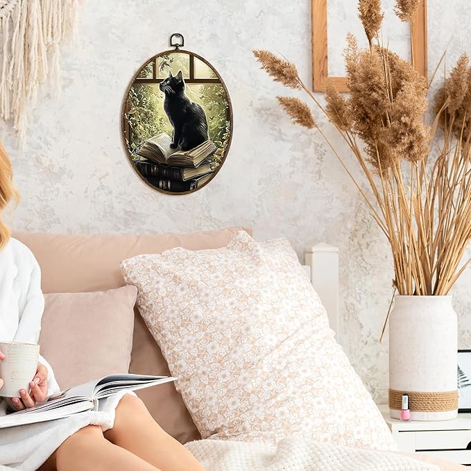 KFXHANGD Vintage Dark Academia Black Cat Oval Wall Art Framed, Antique Cottagecore Black Cat Canvas Wall Art Decor, Rustic Moody Gothic Cats Hanging Decor for Living Room Bedroom, 8.7x11.3 In