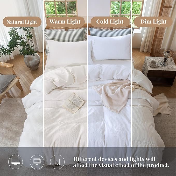 MILDLY White Boho Duvet Cover Set - 100% Washed Cotton Jacquard Stripe Textured Comforter Cover with Zipper Closure 80"x90"