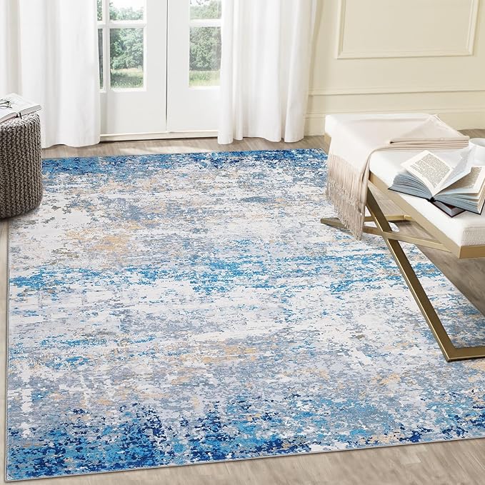 4x6 Modern Abstract Rugs for Living Room Stain Resistant Carpet Ultra Soft Indoor Floor Cover Accent Rug Low Pile Thin Rug for Bedroom Dining Room, Blue/Grey