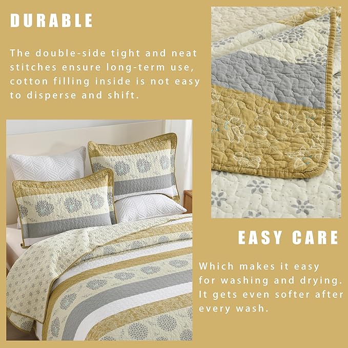 Homzard Quilt King Size-Comforter King Quilt Bedding Set,Mustard Yellow Beige Grey All Cotton Quilted Bedspread,Striped Floral Pattern Bedding Set,Lightweight Reversible 3 Piece,All Seasons