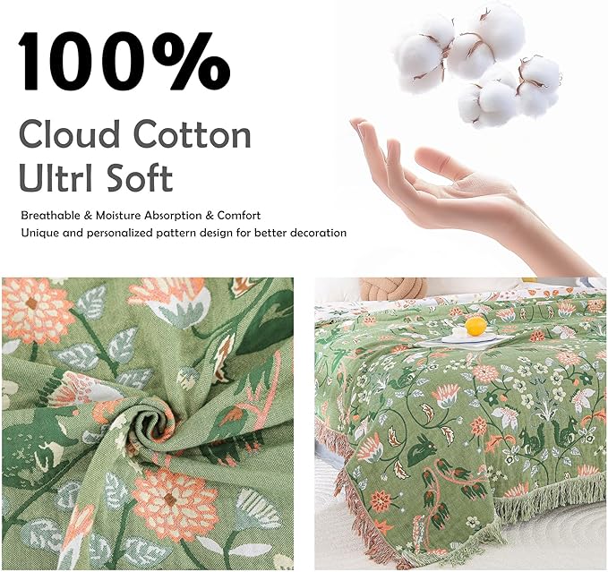 Boho Throw Blanket for Bed 100% Cotton Ultra Soft Rustic Quilt Farmhouse Decor Bed Fall Blankets,All Season Rustic Throw for Sofa Couch Chair (Green World, 80"×90")