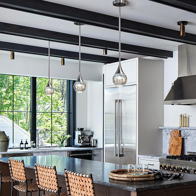 3-Pendant Lights Kitchen Island, Chrome Silver Crystal Globe Ceiling Hanging Light Fxitures, LED Lamp Metal Rod Ceiling Jellyfish Pendant Lighting for Kitchen Dining Room Bar