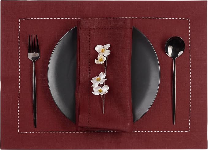 D'Moksha Homes Linen Placemats Set of 4 - Classic Hemstitch Dark Red Placemats 14 x 19 Inch - 100% Pure Linen Table Mats for Winter, Christmas, Holiday - Handcrafted and Machine Washable
