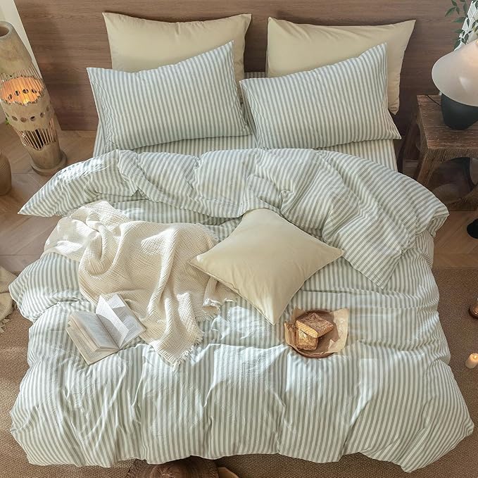 MooMee Striped Duvet Cover Set 100% Washed Cotton Linen Like Textured Breathable Durable Soft Comfy (Sage Green White Classic Stripes, Super King Plus 120"x120")