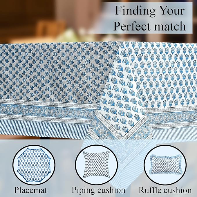 CPC Tablecloth 100% Cotton 70x108 Inch Indian Block Print Rectangle Table Cover, Blue Table Cloth for Weddings, Spring/Summer, Barbeque - Apatite Blue