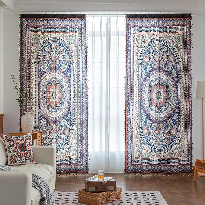 Popular Handicrafts Printed Curtains for Living Room 63 Inches Long Indian Hippie Bohemian Curtains Rod Pocket Light Filtering 2 Panels, Colorful