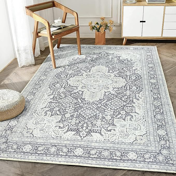 Bloom Rugs Washable Non-Slip 6' x 9' Rug - Charcoal Blue Traditional Medallion Area Rug for Living Room, Bedroom, Dining Room, and Kitchen - Exact Size: 6' x 9'