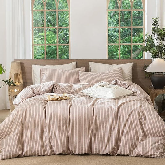 MooMee Striped Duvet Cover Set 100% Washed Cotton Linen Like Textured Breathable Durable Soft Comfy (Orange White Wide Stripes, Super Queen 90"x98")