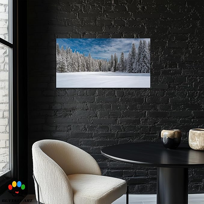 GUTTATY Christmas Winter Scene Canvas Wall Art, Snowy Forest Canvas Prints, Tranquil Blue Sky Wall Decor, Modern Poster Picture for Living Room, Holiday Wall Hanging Artwork, 24x12 Inch