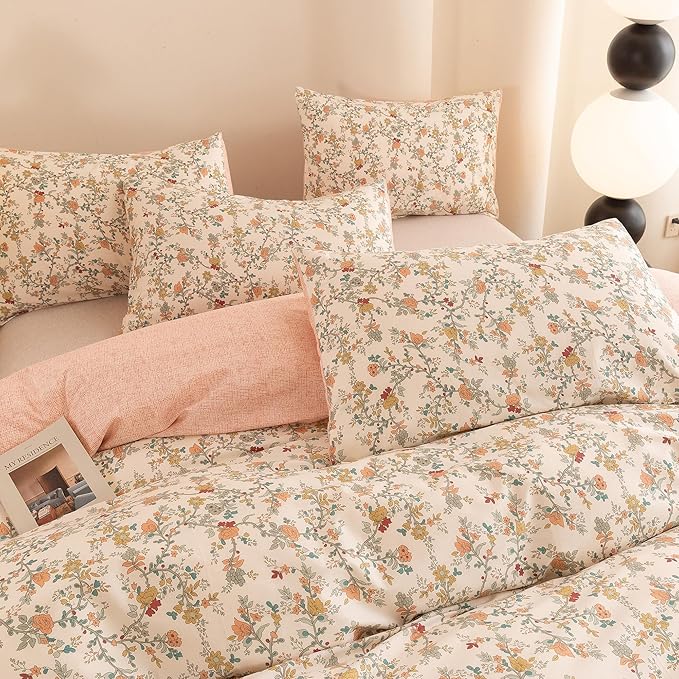 ECOCOTT Reversible Floral Duvet Cover Queen Size – 3 Piece 100% Washed Cotton Bedding Set, Soft Breathable Comforter Cover with Zipper Closure & Corner Ties