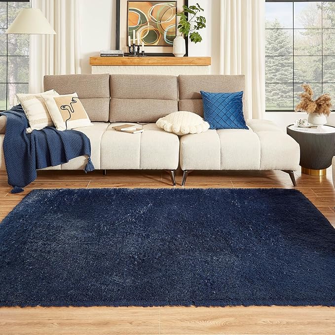 Floralux 8x10 Area Rug for Bedroom, Dark Blue, Large Shag Rugs Living Room Rug, Ultra Soft Shaggy Fluffy Carpet for Playroom, Plush Modern Floor Carpets for Kids Room, Home Office