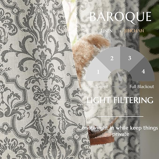 jinchan Linen Curtains - Grey Damask Patterned, 63 Inch Length, Light Filtering Vintage Curtains - Baroque Style Drapes with Grommet Window Treatments - 2 Panels Set