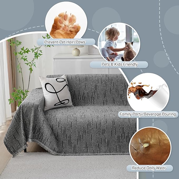 MYSKY HOME Sectional Couch Cover, Dark Grey Lines Sofa Covers for Sectional Sofa L Shape Chenille Couch Protector for Dogs Pets Couch Throw Cover Washable Durable for Home Decor, 71" X118"