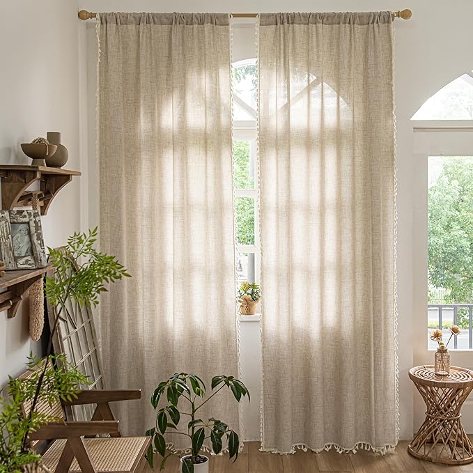 Sutuo Home Boho Curtains 84 Inches Long, Bohemian Linen Style Textured Curtains with Tassels for Bed Room Semi Blackout Farmhouse Drapes, Rod Pocket Window Treatments 2 Panels, 52" x 84", Natural