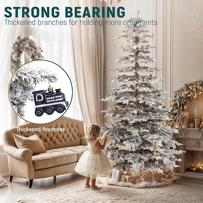 YITAHOME 7.5FT Prelit Flocked Christmas Tree w/Remote, Pre-Decorated Mountain Pine Hierarchical Tower Flocked Xmas Tree w/ 1278 Tips, 55 Pine Cones, 550 Lights & 11 Modes for Home, Party Decoration