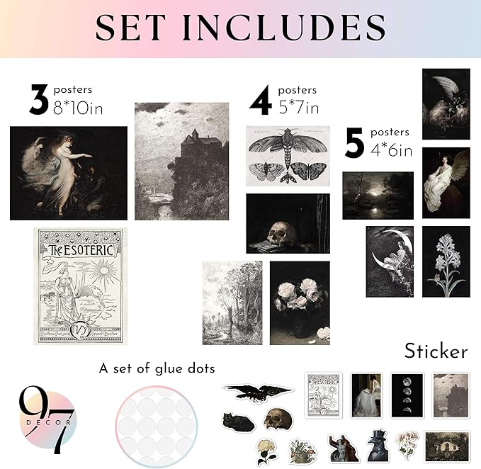 97 Decor Gothic Home Decor Aesthetic - Dark Academia Wall Decor, Gothic Wall Art Witchy Pictures, Goth Room Decor, Moody Wall Art Goth Posters, Vintage Spooky Prints For Home Bedroom (8x10 Unframed)