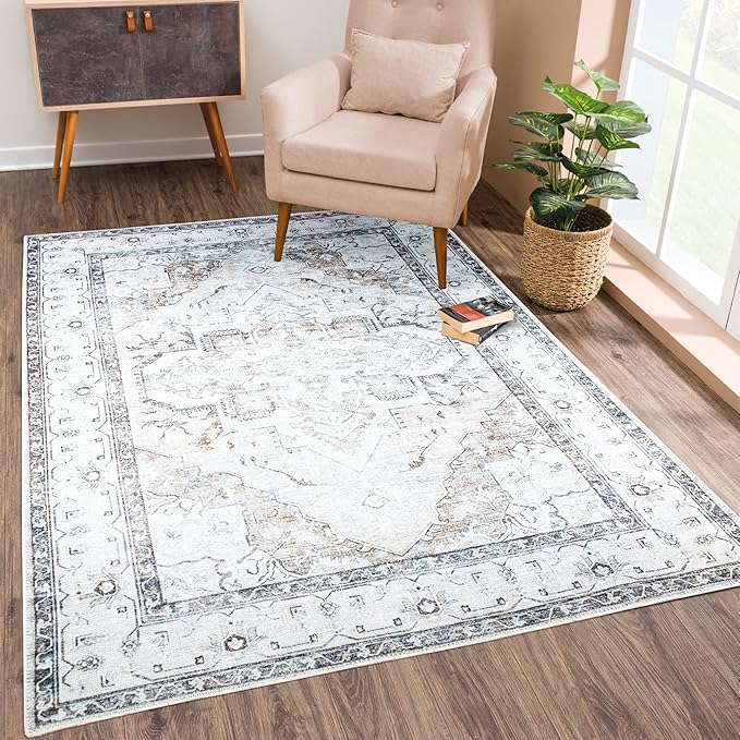 Bloom Rugs Washable Non-Slip 4' x 6' Rug - Brown/Beige/Charcoal Traditional Area Rug for Living Room, Bedroom, Dining Room, and Kitchen - Exact Size: 4' x 6'