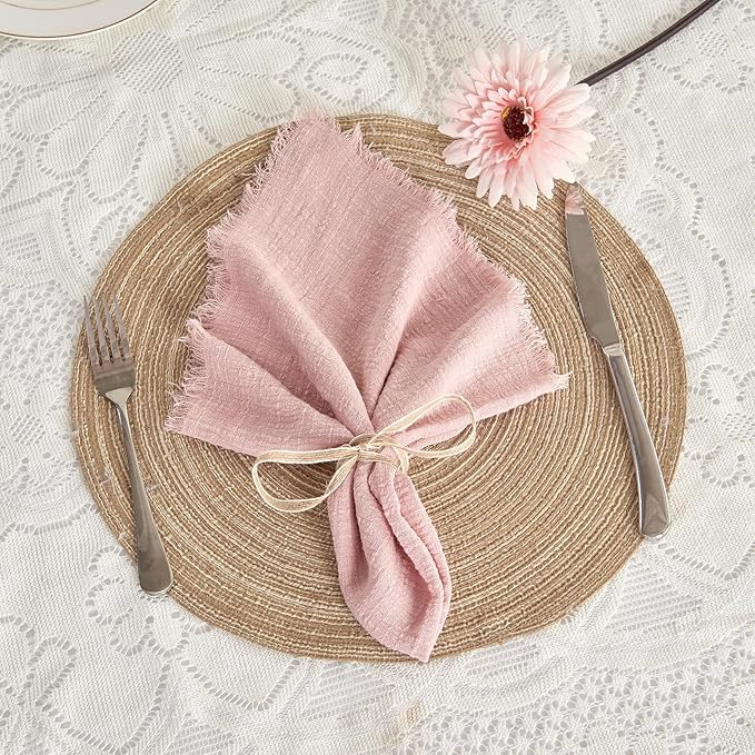 BALCONY & FALCON Cloth Napkins 100% Cotton with Fringed Handmade Square Rustic Style Washable Napkins 12 Pack Pink 20 x 20 inches for Easter Thanksgiving Christmas Weddings Parties Banquets