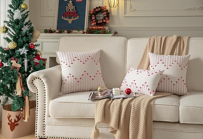Caflife Boho Christmas Throw Pillow Covers 22x22 Set of 2, Holiday Christmas Decorative Pillow Covers Beige with Red Line for Modern Farmhouse Couch Sofa Bedroom Living Room Outdoor