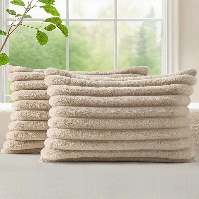 decorUhome Faux Fur Christmas Throw Pillow Covers 12x20 Set of 2, Decorative Soft Plush Striped Neutral Couch Euro Pillow Covers with Velvet Back for Sofa, Bed, Living Room Home Decor, Khaki Brown