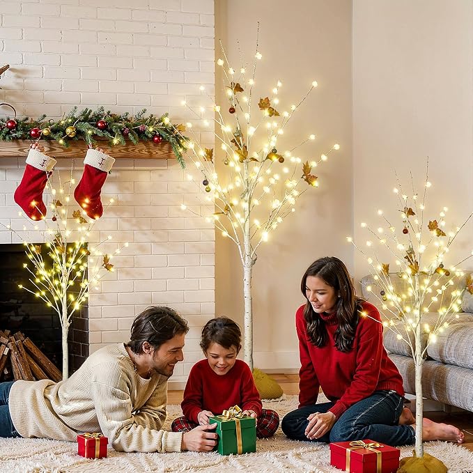 Recaceik Set of 3 Lighted Birch Trees 4FT 5FT 6FT, Christmas Decorations with Warm White LED Lights & Cherry Blossom, Fairy Light Spirit Tree for Indoor Outdoor Christmas Home Decor