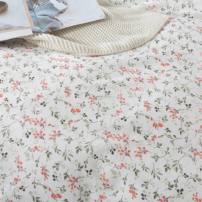 HoneiLife Duvet Dover King Size - 100% Cotton Comforter Cover Floral Duvet Cover Sets, Breathable Duvet Cover with Zipper Closure & Corner Ties, 3-PC Wildflower Comforter Cover Sets, Red Bean