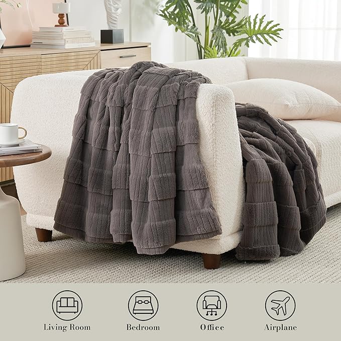 Amélie Home Luxury Striped Faux Fur Throw Blanket for Couch, Soft Cozy Fuzzy Fluffy Plush Blankets for Sofa Chair Gift for Women, 55"x70", Charcoal Gray