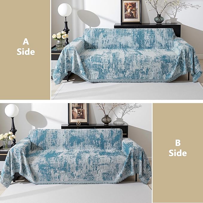 MEETSKY Boho Couch Cover for Dogs Washable Blue Abstract Couch Sofa Protector for Love seat Sofa Pets Friendly, Chenille Geometric Sofa Covers Soft Durable Modern Sofa Slipcovers, 71" X102"