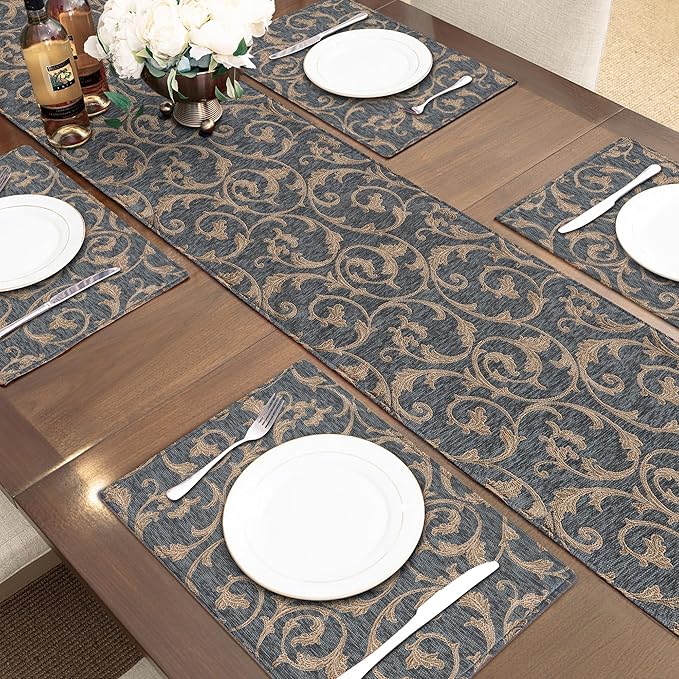 Loom and Mill Elegant Damask Table Runner 72 inches Long, Classic Acanthus Chenille Jacquard Table Runners with Tassels for Dining Room Dresser Party Banquet Decoration (Blue-Grey+Khaki,13x72 inch)