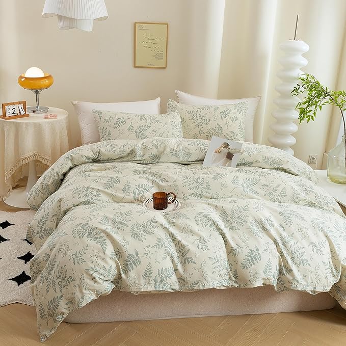 ECOCOTT 3 Pieces Duvet Cover Set with Vintage Green Leaves Pattern 100% Natural Cotton Cozy Simple Style Bedding Set (Queen Size)