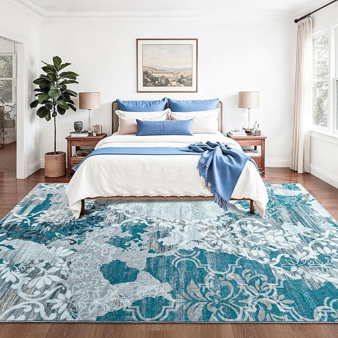 Keeko 8x10 Area Rugs for Living Room,Modern Abstract Floral Pattern Rugs for Bedroom,Soft Washable Rug with Non-Slip Backing Low-Pile Non-Shedding Carpet for Kitchen Home Office Dining Table - Blue