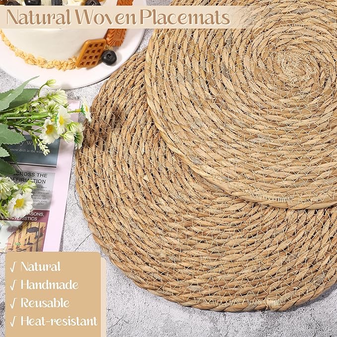Aneco 24 Pack 13.8-Inch Round Woven Placemats Natural Hand-Woven Boho Rattan Wicker Bulrush Placemat Farmhouse Rustic Braided Table Mats for Dining & Kitchen Decor