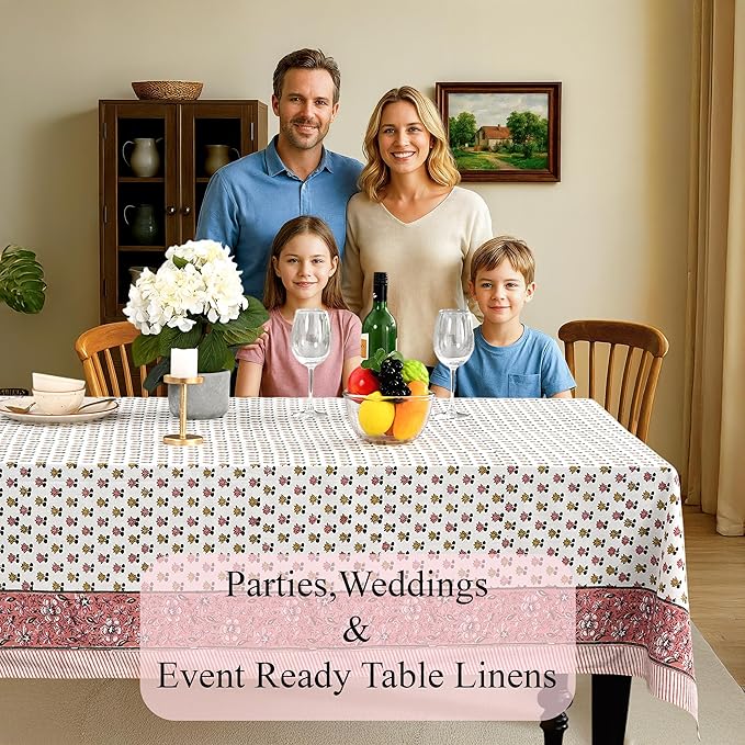 CPC Rosette Bloom Tablecloth 100% Cotton 60x60 Inch Indian Block Print Rectangle Table Cover, Table Cloth for Gifting in Weddings, Halloween, Fall, Christmas, Thanksgiving