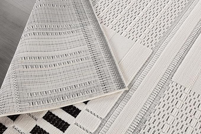 CAMILSON Modern Rug 5x7 Luxury Geometric Pattern Micro Loop Area Rugs Soft High and Low Pile Stain Resistant Easy to Clean Non-Shedding Durable Living Room Kitchen Indoor Carpet (White/Black)