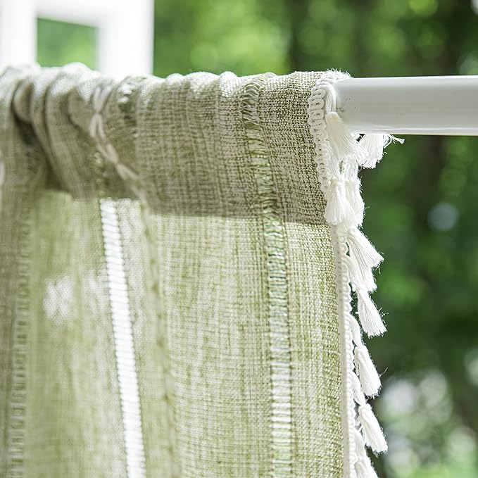 Sutuo Home Green Boho Curtain 52W x 18L inch White Striped Light Filtering Short Valance, 1 Panel Embroidery Bohemian Farmhouse Country Kitchen Window Treatment Decor for Small Closet
