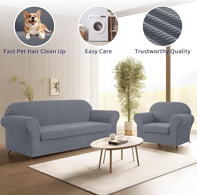 SUBRTEX Sofa Slipcover Stretch Chair Covers 2 Piece 1 Seater Armchair Couch Sofa Cover Washable Furniture Protector with Elastic Bottom for Kids, Pets(Light Gray, Armchair)