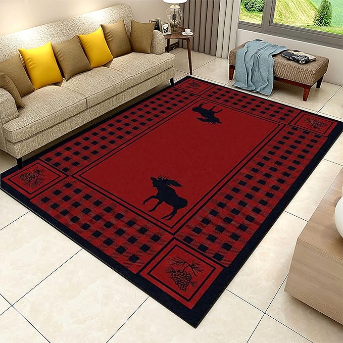 Wild Deer Area Rug, 6x8ft, Country Style Moose Hazelnuts Large Floor Rug, Rustic Cabin Red and Black Buffalo Plaid