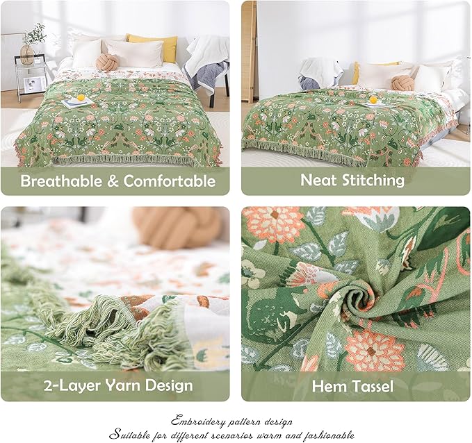 Boho Throw Blanket for Bed 100% Cotton Ultra Soft Rustic Quilt Farmhouse Decor Bed Fall Blanket,All Season Rustic Throw for Sofa Couch Chair (Green World, 90"×98")