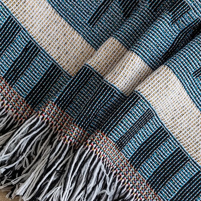 VClife Boho Couch Cover White Blue Plaid Stripe Couch Cover Washable L Shape Sofa Cover Thick Breathable Non Slip Sectional Couch Covers Dog Reversible XXL Sofa Slipcover Furniture Protector Cover
