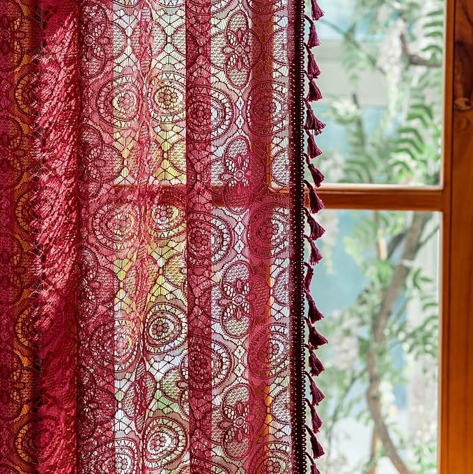 YJ YANJUN Burgundy Red Sheer Curtains 54 inch Length 2 Panels Crochet Christmas Kitchen Window Curtains Boho Short Lace Curtain Panels, Tassel, Light Filtering, Winter Holiday Decor 59 W x 54 L Wine