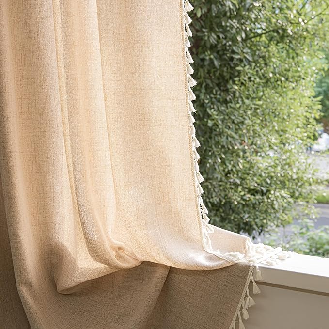 Sutuo Home Boho Curtains 96 Inches Long, Bohemian Linen Style Textured Curtains with Tassels for Living Room Semi Blackout Farmhouse Drapes, Rod Pocket Window Treatments 2 Panels, 52" x 96", Coffee