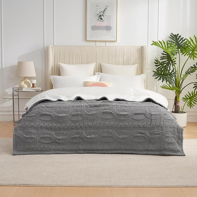 Amélie Home Cable Knit Throw Blanket for Couch Twin, Chenille Sherpa Soft Cozy Throw Blankets for Sofa Chair Comfortable Home, 60"x80", Gray