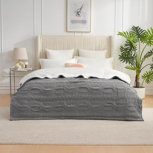 Amélie Home Cable Knit Throw Blanket for Couch Twin, Chenille Sherpa Soft Cozy Throw Blankets for Sofa Chair Comfortable Home, 60"x80", Gray