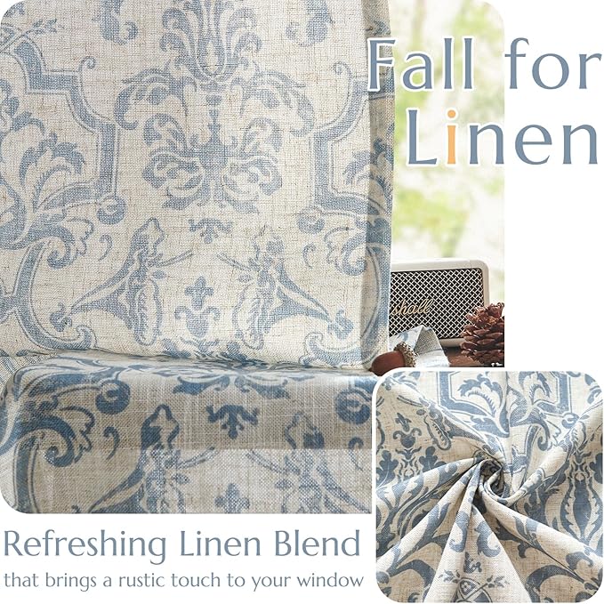 jinchan Curtains for Bedroom, Light Filtering 63 Inch Length 2 Panels Set, Baroque Style Linen Blend Drapes Living Room, Vintage Damask Window Treatments, Grommet Top Blue on Flax, W52 X L63